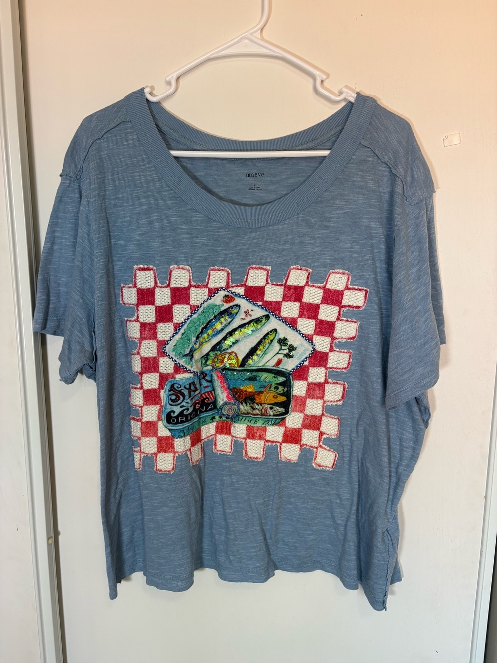 Anthropologie Maeve Sardine Linen Blend Graphic T shirt Size Large Retail 98$ - Picture 2 of 7